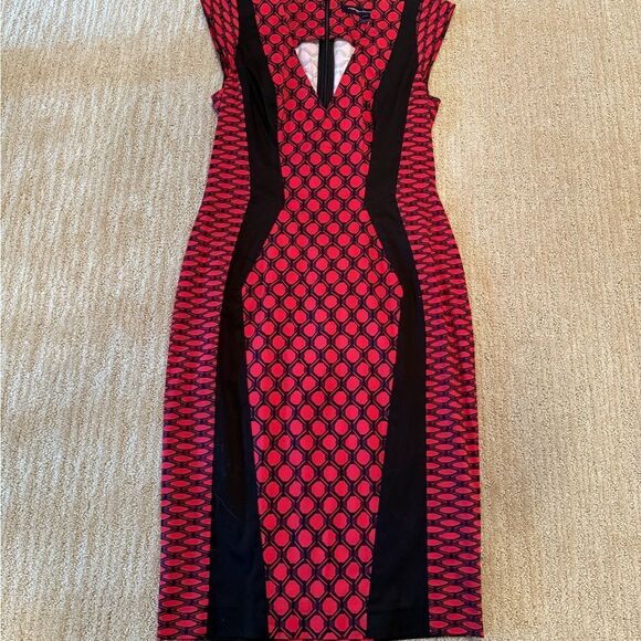 French Connection Elegant Red and Black Geometric Midi Dress - Picture 1 of 7